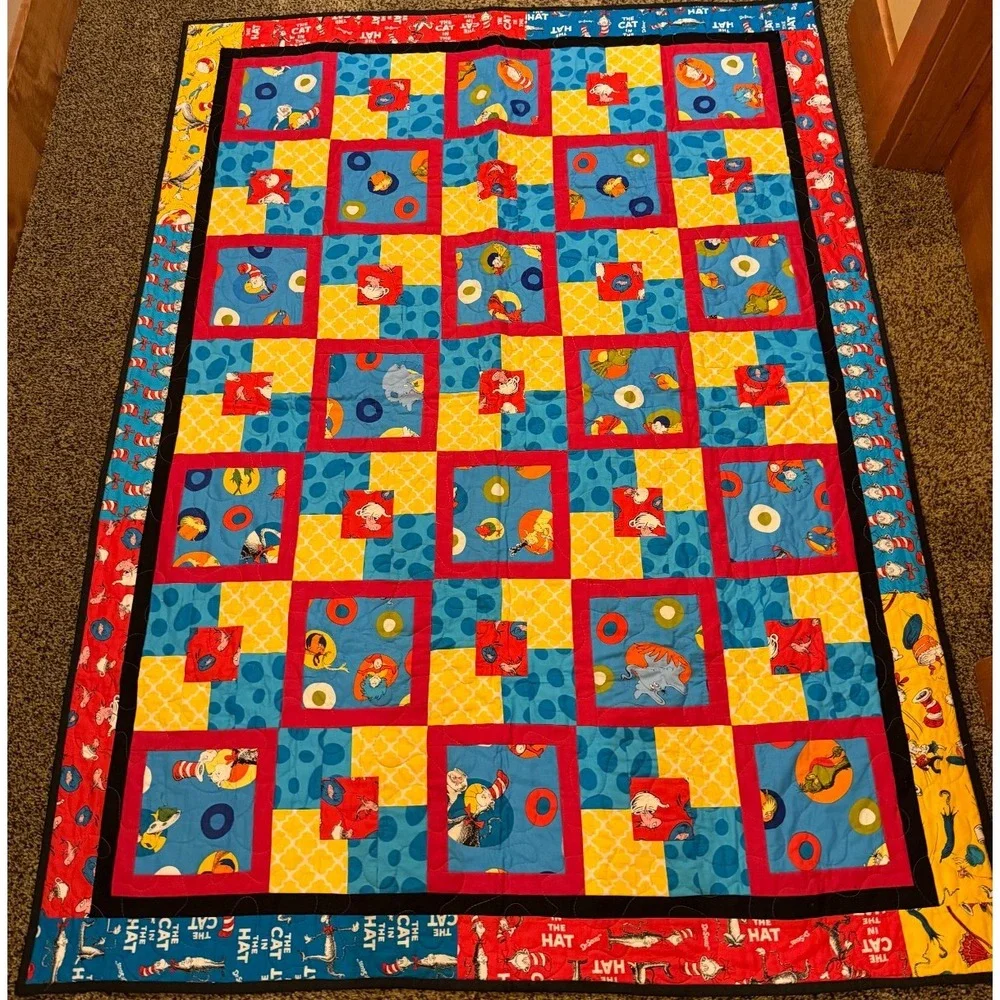 Dr Seuss Cat in the Hat Handmade Reversible Quilt Blanket 62x47 Colorful